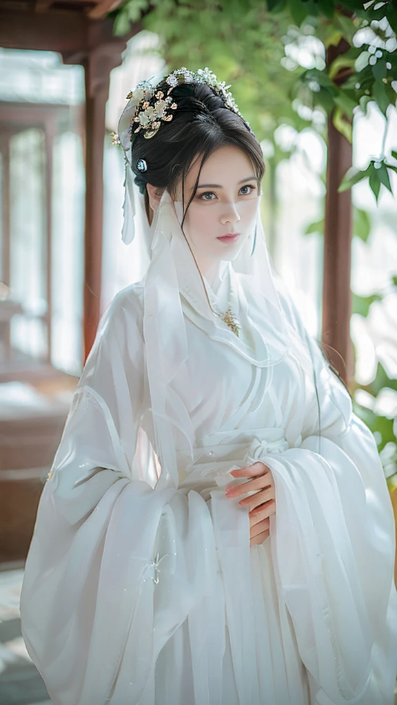 ((Long ears)),full body ,The eyes are very delicate., Human,gorgeous white hanfu,(((hair accessories)))(((mystery face veil))),necklace,(((A garden with many flowers)), ((complicated details)), ((Surrealism))(8k), night