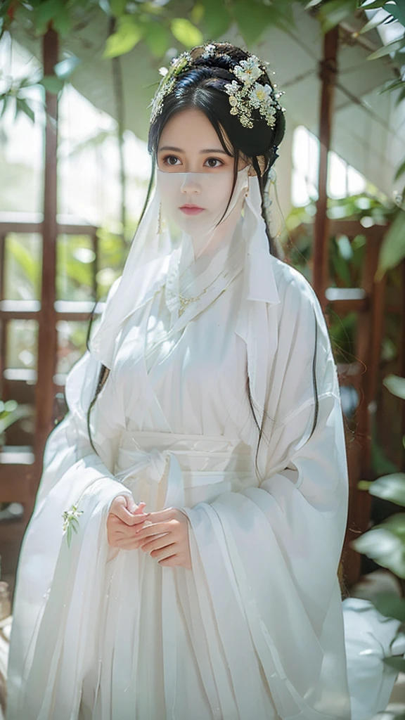 ((Long ears)),full body ,The eyes are very delicate., Human,gorgeous white hanfu,(((hair accessories)))(((mystery face veil))),necklace,(((A garden with many flowers)), ((complicated details)), ((Surrealism))(8k), night