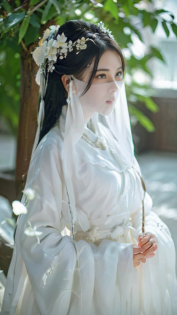 ((Long ears)),full body ,The eyes are very delicate., Human,gorgeous white hanfu,(((hair accessories)))(((mystery face veil))),necklace,(((A garden with many flowers)), ((complicated details)), ((Surrealism))(8k), night