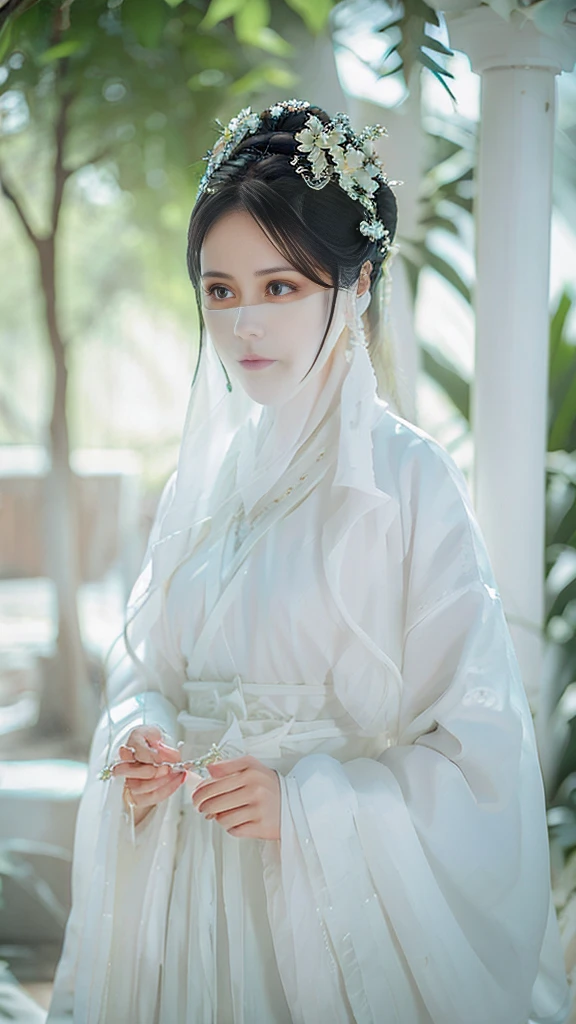 （（Long ears）），full body ，The eyes are very delicate.， Human，gorgeous white hanfu，（（（hair accessories）））（（（mystery face veil））），necklace，（（（A garden with many flowers））， （（complicated details））， （（Surrealism））（8k）, night