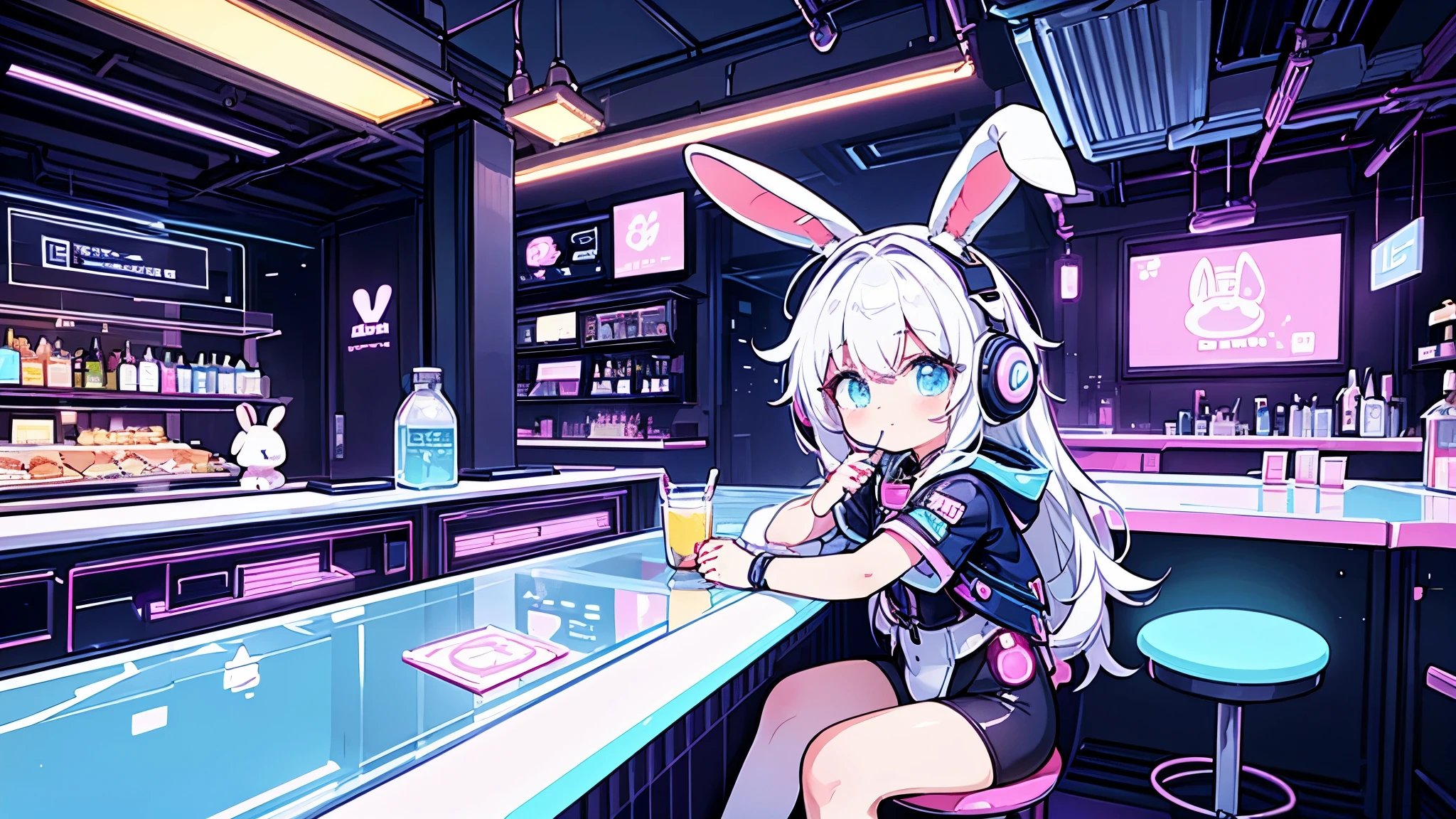 Bar in a cave,Anime white hair girl with headphones, wearing rabbit ears,Cyberpunk clothing,Vibrant juice,Sitting at the counter,Romantic space, Futuristic interior, Cute stuffed rabbit, Cute art style, Anime Style 4k,Vivid Color