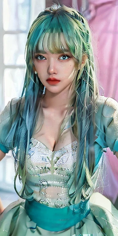 masterpiece, best quality, 1 Girl, Solitary, 23 years old, aldult, （Big Breasts，Cleavage close-up，Wide hips, Curvy beauty,）teal and green hair, Aqua eyes, Enchanting,  tune, 167 cm, Pale skin, Expression, Olive green skinny T-shirt, High waist skirt, , Camel toe, From below