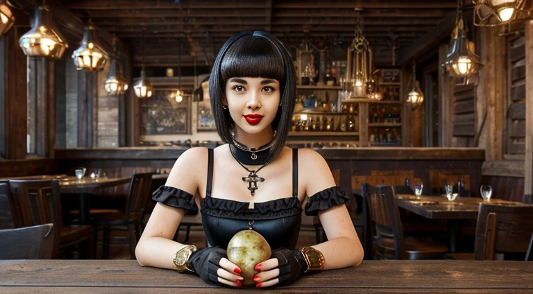 smiling at viewer, sphere hunter, 1 girl, lips, short black hair, blunt bangs, brown eyes, red lips, dress, gold jewelry, holster straps, realistic, picturesque, ((gentrified and potatoes)), (( steampunk restaurant), on a wooden table, artwork, 8k, 1.3 quality background, ultra realistic