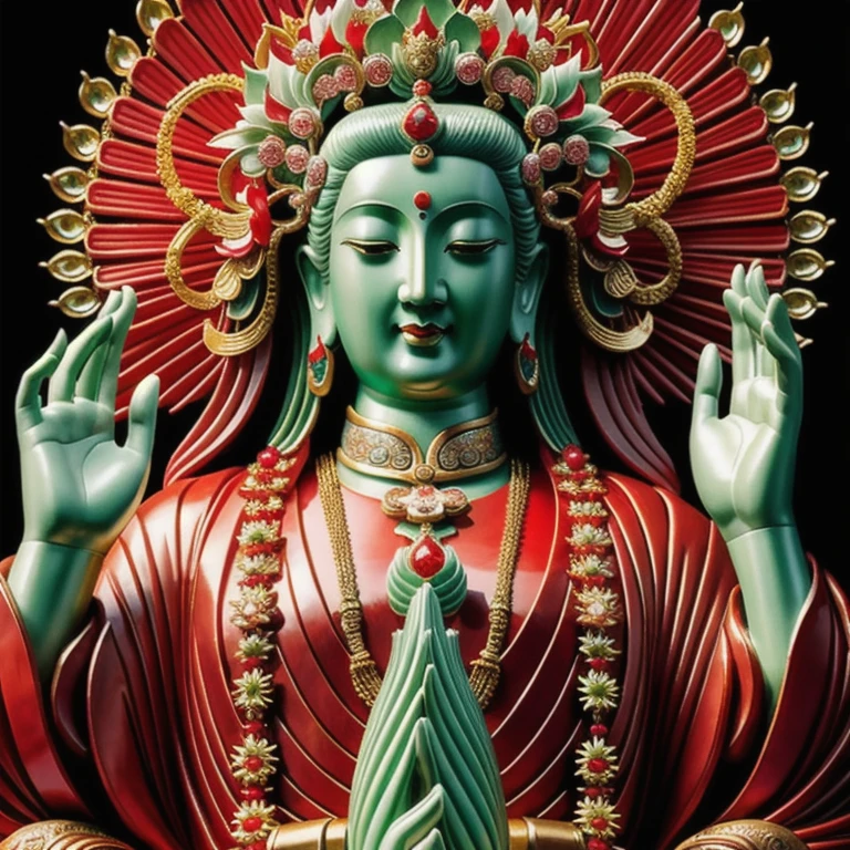  statue of thousand hands guan yin made of jade and jewelry, crystal clear and shinning, beautyfull  face, many hands, detailed hands,  floating red ruby lotus , full body, masterpieces, super detail, epic composition, ultra HD, high quality, extremely detailed, official art, unified 8k wallpaper, Super detail, 