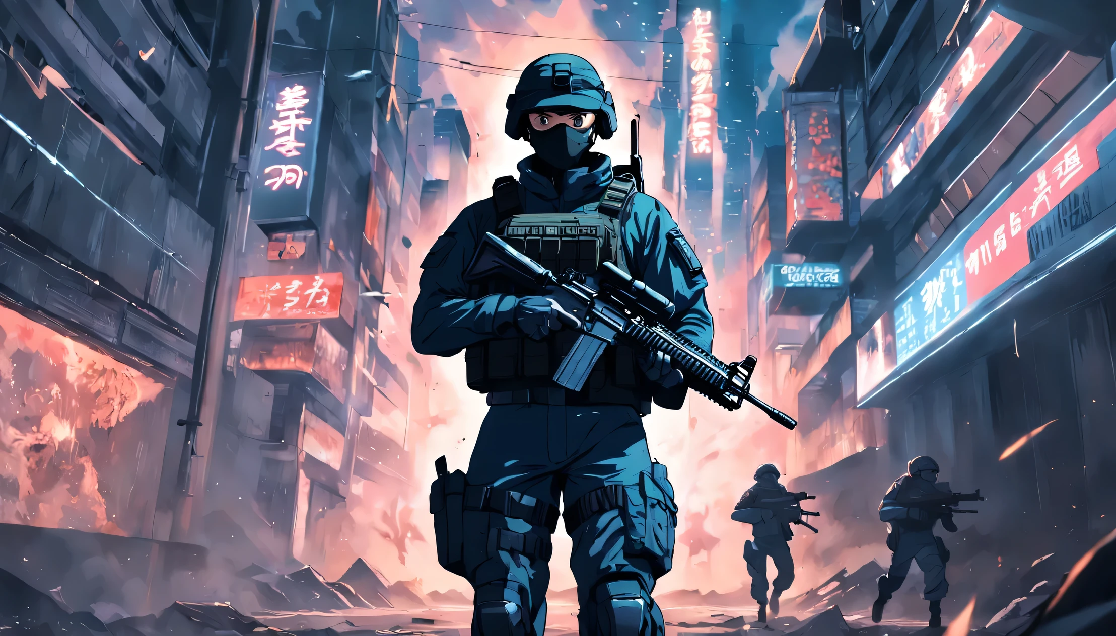 a high-tech cybernetic soldier holding an m416 rifle, call of duty poster text behind soldier, estilo de zona de guerra