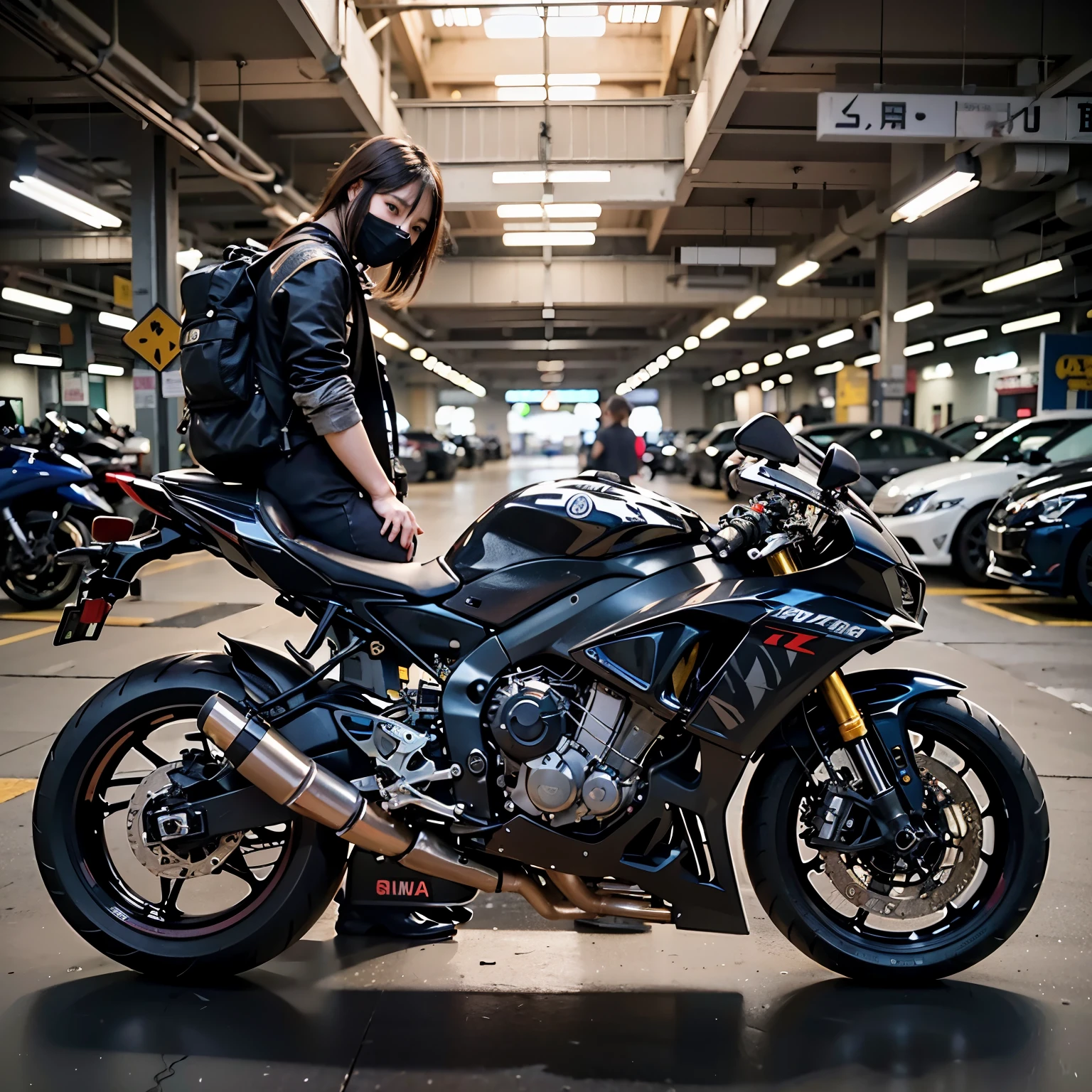 (RAW shooting, Photorealistic:1.5), 8k, highest quality, masterpiece, Ultra-high resolution),Motorcycle Pictures、Perfect dynamic composition:1.2,YAMAHA yzf-r6、Japanese women、Beautiful Face、Neo Cafe Racer Custom、Cowl、Photorealistic、Extremely intricate details、Exact bike details