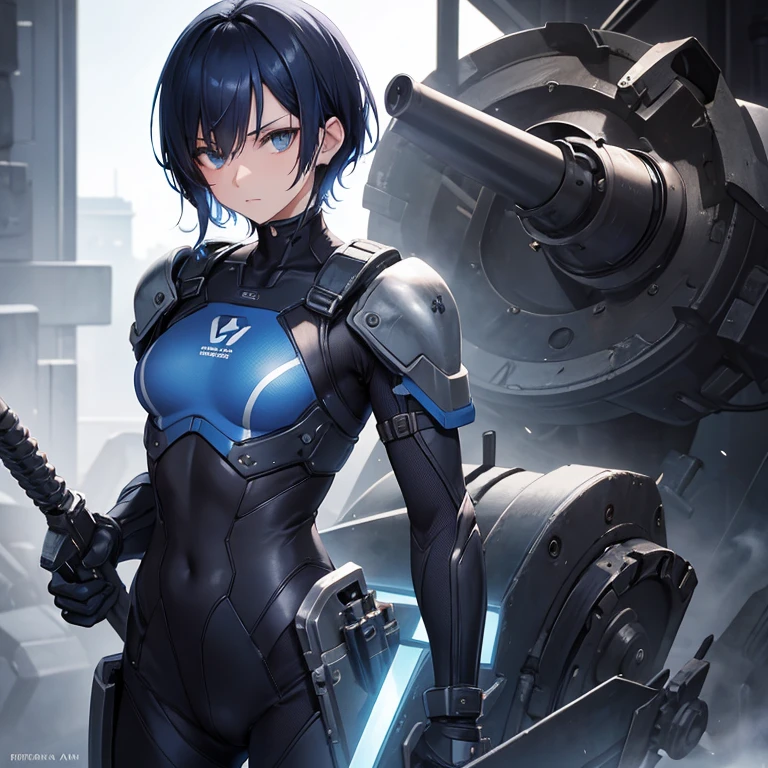 Dark blue hair，short hair，neutral，boyish，Hiding one eye，slender，Rin々A funny face，Powered Suit，Reinforced Suit，mechanical，Science fiction，Black sleeveless coat，With a sword，headgear，Small breasts，Small breasts，tall，Slightly muscular，Handsome，The innerwear is a bodysuit，Armament，Pilot Suit，Hard boots，armor，Carrying a rifle，Chest protector，Protector on shoulder，I put on a coat，Waist device，1 person