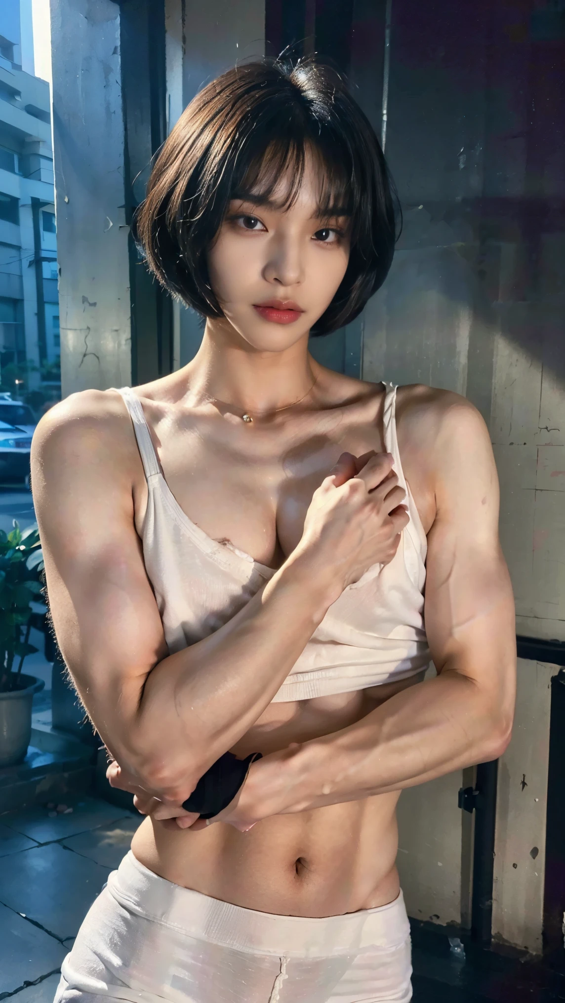 Realistic photos, 8k,Energy Drinks,body is male,A woman with a beautiful face,,(((Bob cut ladyboy,transgender,otokonoko,Male chest,No bulge in the chest))),((Full body view,Flat Chest,Very muscular,Body fat percentage10%,Muscles like athletes,Macho,massive)),(((Homeless,beggar,Pale face,It is dirty,Bad smell,dirty,odor,Homeless,Handsome young Korean ladyboy with bob cut))),(((Very big eyes,Angry face,looking at the camera,Frowning))),Chest is male,(Ultra-realistic), (High resolution), (8k), (Very detailed), (Best Illustration), (Beautiful fine details), (highest quality), (Super detailed), (masterpiece), (Detailed face), ,alone,Black hair bob cut,(((A girl with makeup on her face,The body is a perfect man))), Wearing a dirty black hoodie,Transgender,Korean,kpop,完璧な筋肉質なMale chest,Cyberpunk cityscape
