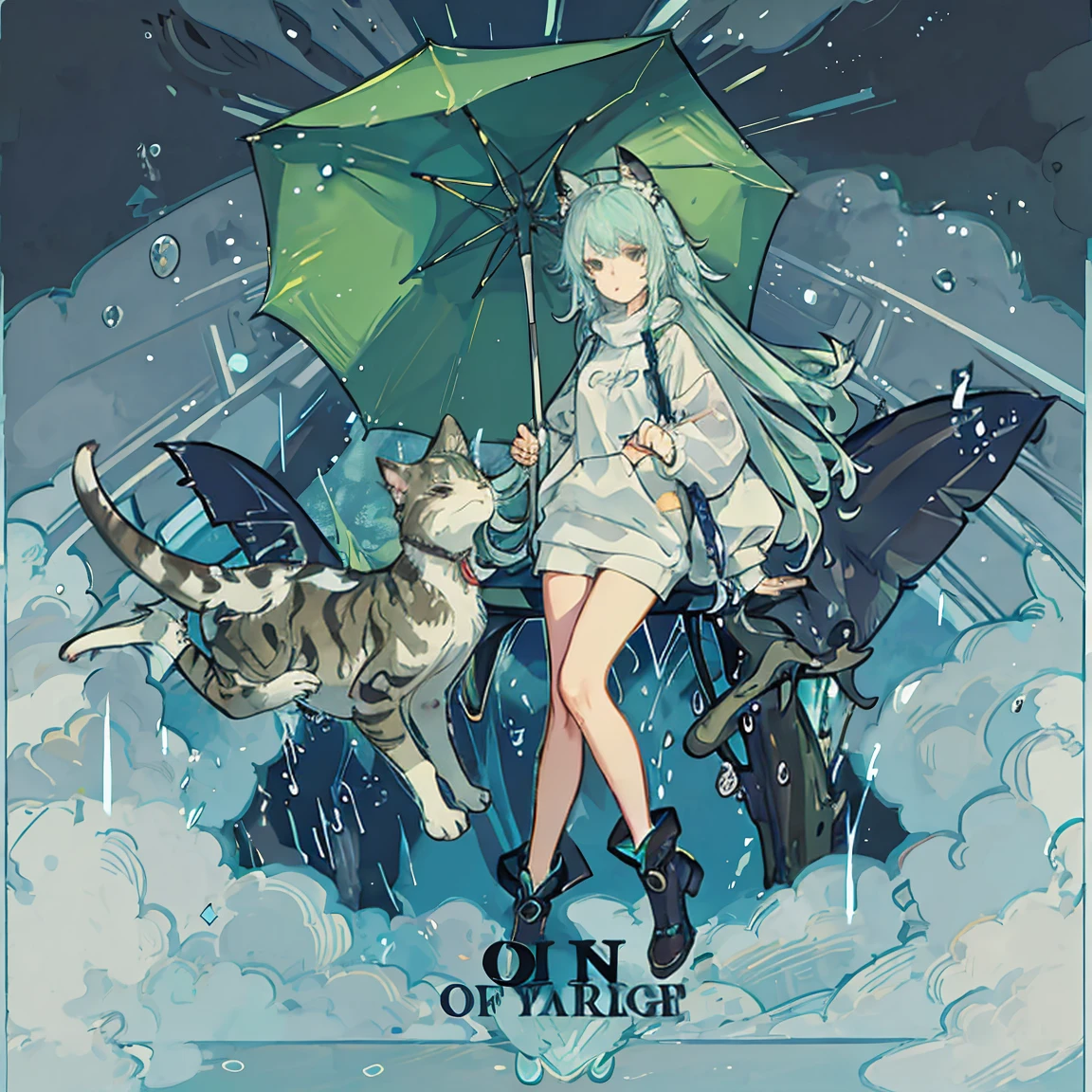 Retro style anime girl with long light lavender hair with bangs and chops aqua green eyes wearing a dinosaur-inspired outfit with a sweatshirt and shorts and sheer rain boots with cat ears in a rainy environment with a cat umbrella