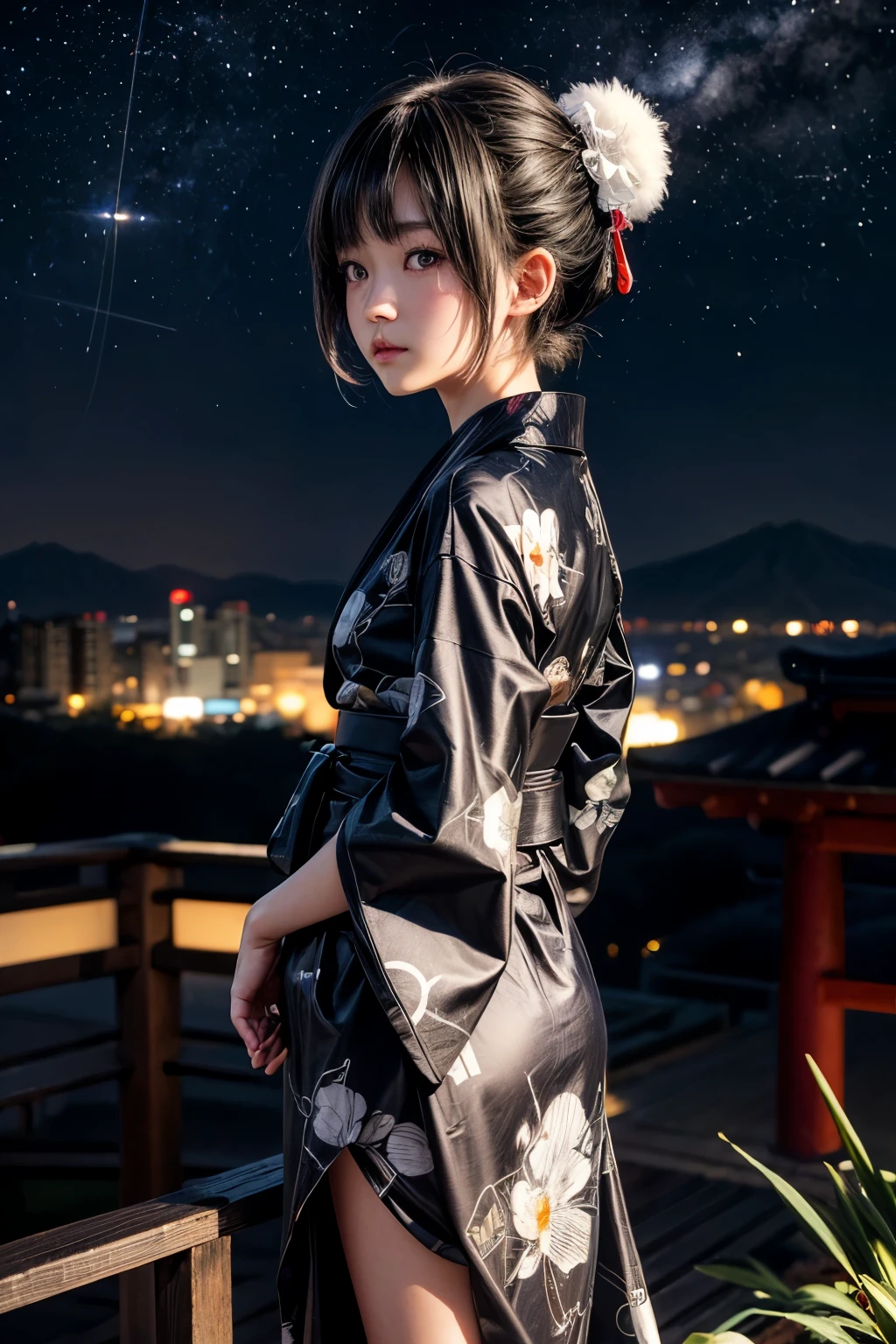 A 15-year-old Japanese girl stands gazing at the night sky、Slender、wearing a black yukata。White medium short hair。The yukata has a white rabbit design。Highest quality。Pose in the back。