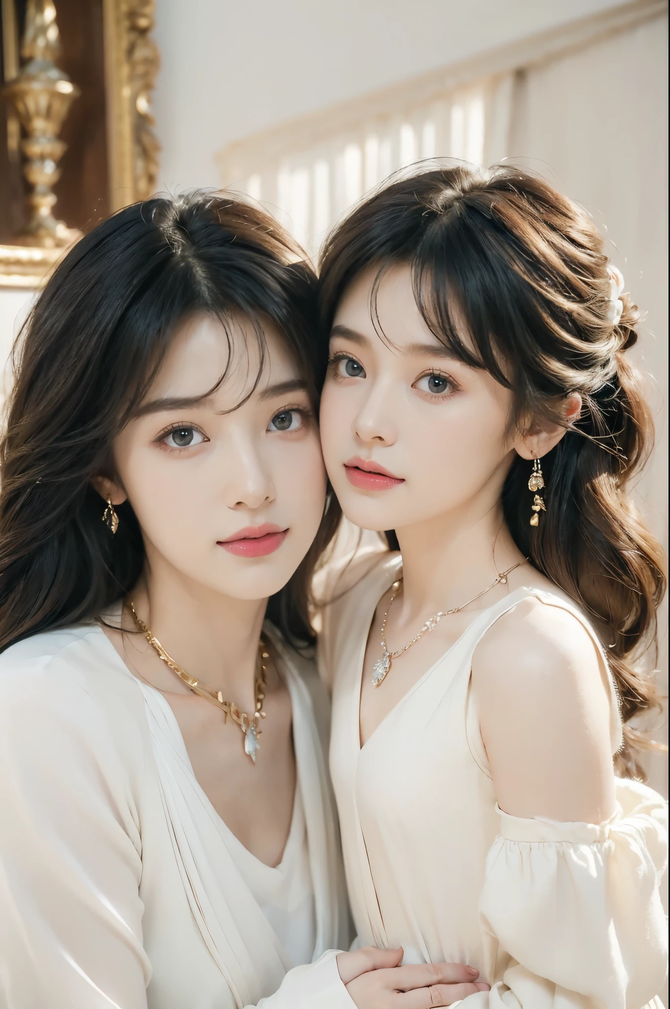  (((8k))),((Extremely meticulous CG)) ,(wallpaper),(Portrait above the chest:1.5),16k,((Extremely refined and beautiful)),(((Masterpiece))),(((best qualtiy))),(((Ultra High Resolution))),beautiful light up,realistic shaded,(Smooth and flawless fair skin:1.5),(pale skin:1.3),(Extremely exquisite facial details:1.2),(perfect body:1.2),(ultra-detailed:1.2),(30-year-old mother and 2-year-old daughter:1.5),(woman and little baby:1.5),(small head:1.2),(medium straight bob hair:1.2),(bangs:1.5),(small face:1.2),(baby face:1.3),(Exquisite makeup:1.2),(((slim,thin))),(happy:1.2),(laughing:1.2),(earrings:1.2),(crystal necklace:1.3),(collar:1.3),(white dress:1.5),(sleeves:1.3),(day scene:1.5),(indoor:1.2),(in the living room:1.5),(detailed background:1.5),(standing:1.3),(arms behind back:1.3),(close-up of face:1.3),(from front:1.3)