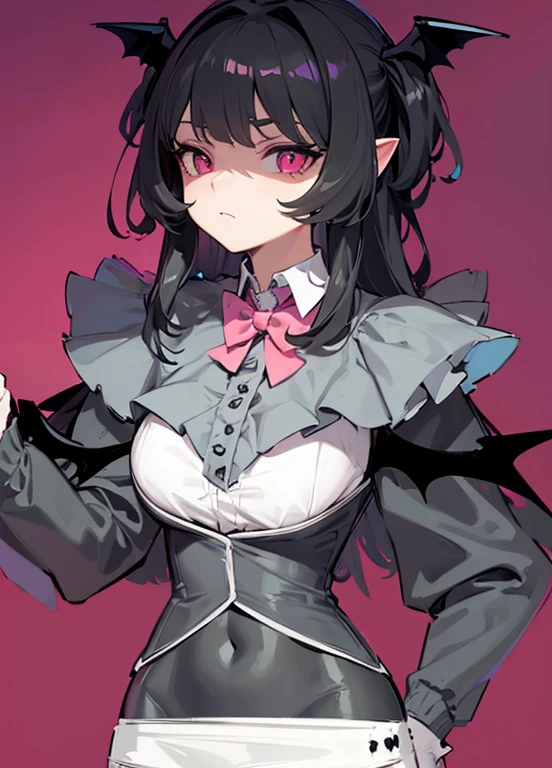 bat wings on sleeves, gray fur, gray bodysuit, ruffled white skirt, slim waist, large breasts, shaded face, pink eyes, cross pupils, bat wings on head, white collar, red bowtie on collar, serious expression