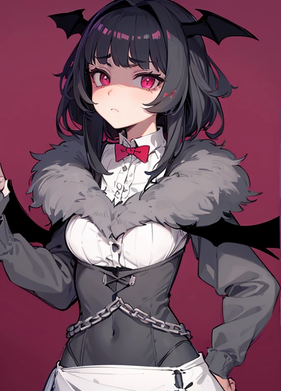 bat wings on sleeves, gray fur, gray bodysuit, ruffled white skirt, slim waist, large breasts, shaded face, pink eyes, cross pupils, bat wings on head, white collar, red bowtie on collar, elf ear, grey fluffy fur around shoulders, larger breasts, tent breast