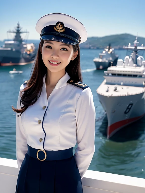 ((Best quality、masutepiece、8K、Best picture quality))、(1 photo:1.5)、(1 female naval officer:1.5)、(perfect original navy white uniform:1.3)、(uniform real navy:1.3, white color)、( real navy hat: 1.3) 、 (anatomically accurate: 1.3) 、 cowboy shot 、 biggest smile when you look at me 、 (In the background is the harbor with big ships: 1.3) 、 face like adults、Luminescence、clear