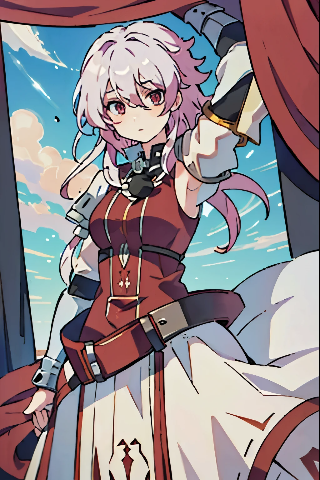 Large medieval kingdom in the background, old mature woman, white hair, long hair, curly hair, beautiful eyes, ((red eyes:1.0)), very red eyes, vibrant eyes, bright eyes, 26 years old, medieval armor, light armor, red armor, Mystical armor, Golden details on the armor, elsword style armor, Neutral face, cowboy shot, from below angle, high resolution:1.2, best quality, master part, daylight, Reflection of lens, upper body shot, serious expression, looking at the viewer
