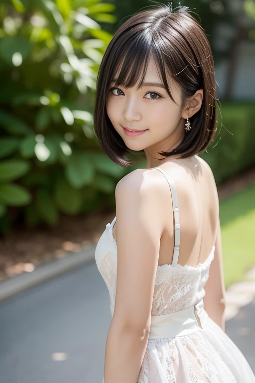 (highest quality:1.5)、(Real:1.5)、(1 person:1.5)、Low-angle composition、Buckshot、Medium Shot、Looking back pose、(Very detailed)、(High resolution)、8k、Small breasts、Natural color lip、Cute smile、Japanese women、20 year old girl、Thin eyebrows、Beautiful and elegant face、Cute face、Cute eyes、Large, balanced eyes、Big Eyes、Fair skin、Beautiful and elegant face、Natural Bangs、Beautiful and thin nose、 Beautiful Skin、Medium Bob Hair、Natural Bangs、Perfect and beautiful facial features、Slim face and figure、(With a cute expression)、(Bright lighting)、Professional Lighting、(Lighting from the front)、Adorable smile、cute、Beautiful shoulders、Simple Background、Outdoor、Poses that show off your beautiful back、赤いdress、(スカート丈が超短いマイクロミニスカートのdressを着る)、Beautiful shoulders甲骨、Upper Body、Open your back、Show your back、dress、(Wearing garter belts and knee-high lace stockings)、Beautiful thighs、