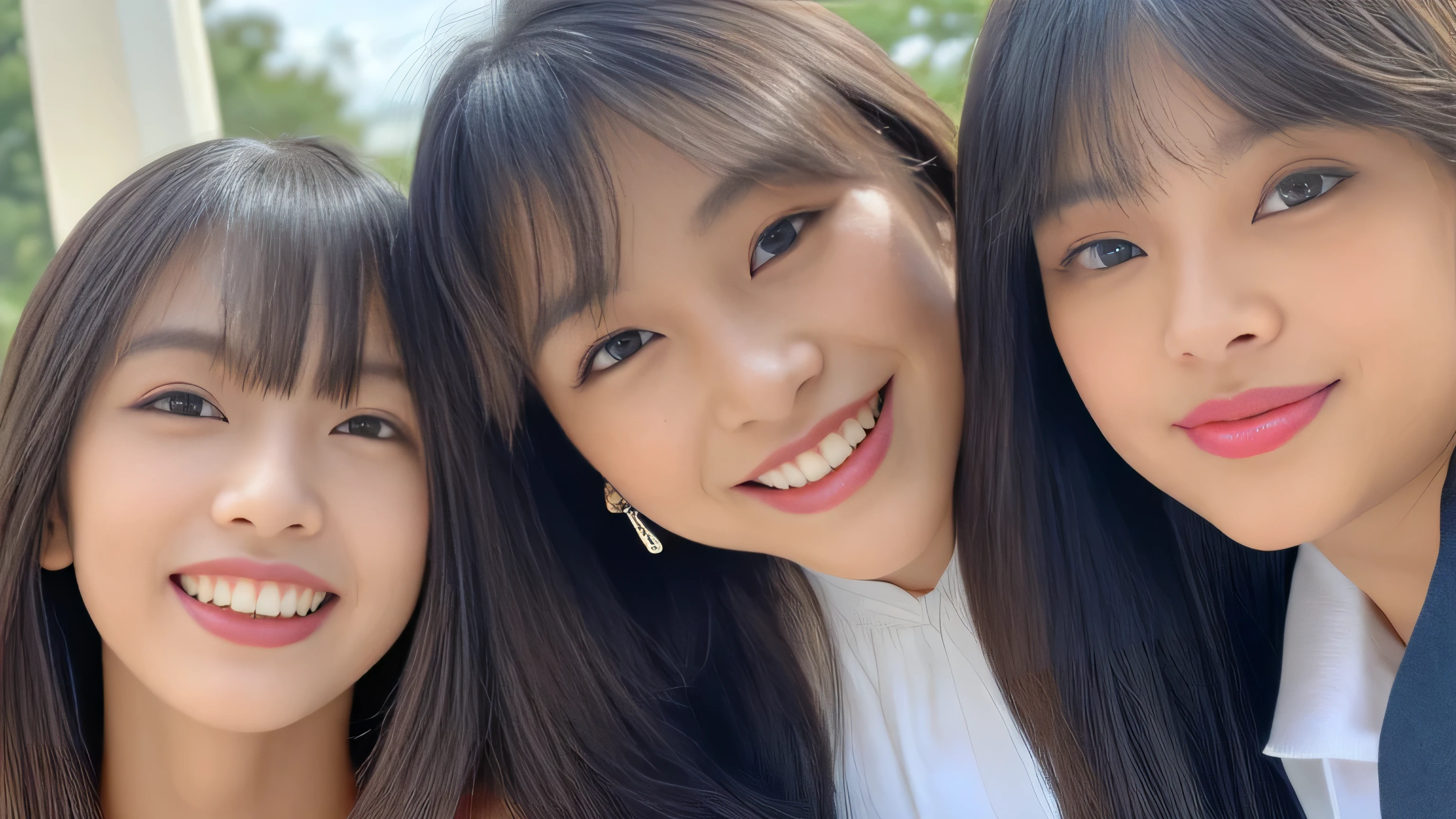 (((Three close sisters posing together on a park bench:1.Two shots from the front)))　highest quality, masterpiece, Familiar　Get used to it　Perfect Face　((The 24-year-old eldest daughter in the center had sexy makeup applied by a professional..　Lipstick is red:1.1. The eyeliner is a beautiful black　Bangs are the perfect hime cut　Her highest quality and most detailed hair is jet black, very long, Straight hair that seems to reach the ground:1.3.　Narrowed eyes、The face is thin、Dignified features　expensive、Have a typical Japanese body type　Excessive breasts:1.4　Japanese skin tone and ultra-precise skin　Her smile is sexy　Very beautiful teeth　She is wearing a long black pleated skirt and a white blouse:1.Wear 1　Look straight ahead and at the viewer　highest quality　masterpiece　Get used to it　Rich 1.4　Extremely detailed 8K　Ultra-fine skin texture 1.4　Actual, Vibrant:1.4,　double eyelid　Sharp focus:1.2、Beautiful woman:1.4))　((The 21-year-old second daughter on the left is cute., Professional Makeup.　Uneven bangs and princess cut　Her highest quality and most detailed hair is light brown.、Long enough to reach the ground、Forever wavy hair　Large Breasts:1.4　Average height and typical Japanese buildよりややスリム　Ultra-precise reproduction of Japanese skin and skin tones　When I saw my third daughter、I laughed out loud..　Wearing blue jean hot pants and a blue collared shirt　Your teeth are very beautiful　highest quality　masterpiece　Get used to it　Rich 1.4　Extremely detailed 8K　Ultra-fine skin texture 1.4　Actual, Vibrant:1.4　 double eyelid　Sharp focus:1.2、Beautiful woman:1.4))　((The 18-year-old third daughter on the right has perfect baby face makeup....　Her bangs are perfectly aligned、Hanging straight down.　Her highest quality and most detailed hair is lovely, perfectly straight, and incredibly long, straight blonde hair that reaches the ground and goes on forever.:1.1.　Large Breasts:1.4　Average height and typical Japanese build　Japanese skin tone and ultra-precise skin　She was shocked by her second daughter..、I was surprised to see my second daughter..。.:1.Formula 1　she is wearing a white dress　Your teeth are very beautiful　highest quality　masterpiece　Get used to it　Rich 1.4　Extremely detailed 8K　Ultra-fine skin texture 1.4　Actual, Vibrant:1.4　 double eyelid　Sharp focus:1.2、Beautiful woman:1.4))　This is a park bench　RAW photos taken by professional photographers using SLR cameras