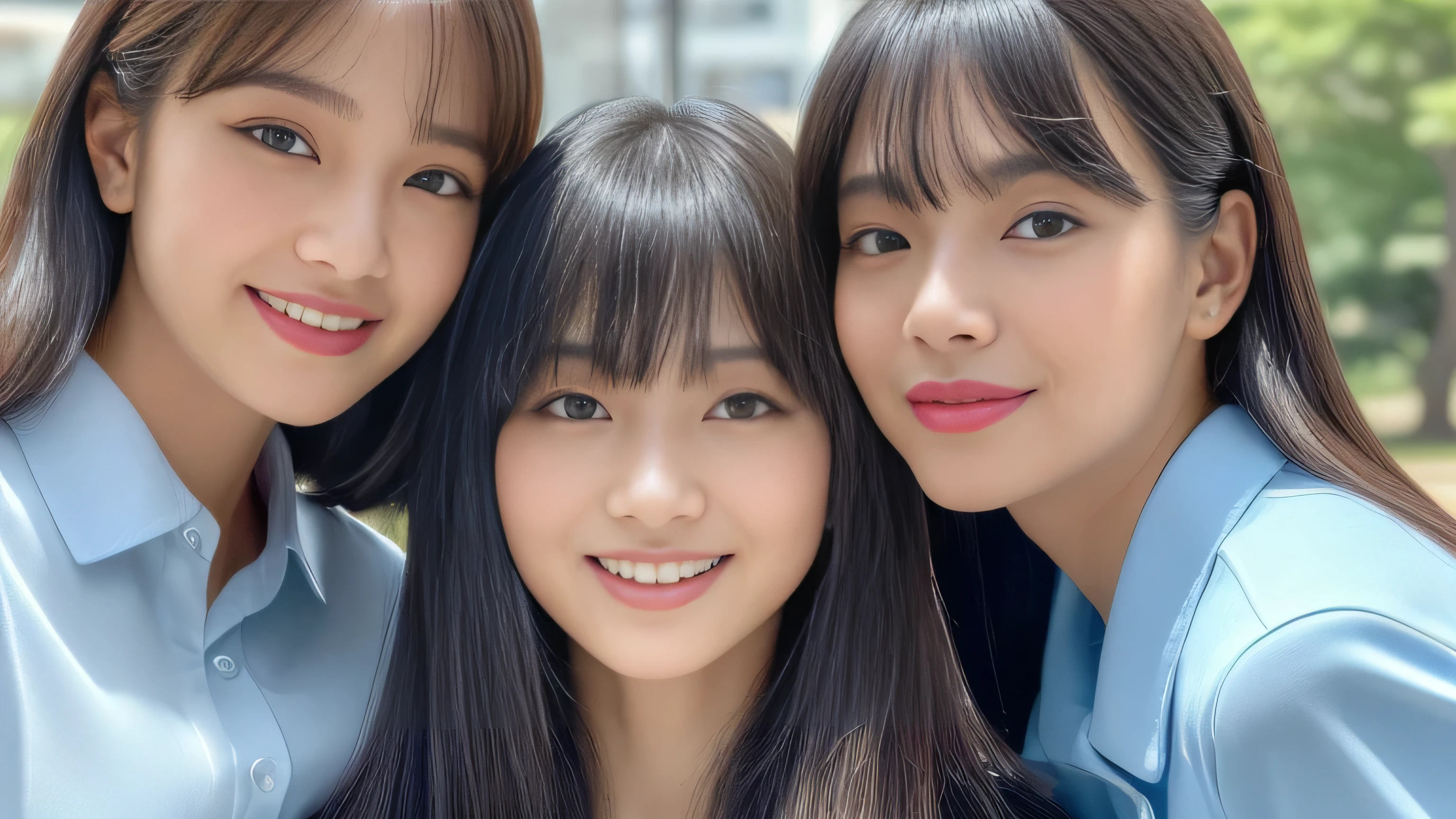 (((Three close sisters posing together on a park bench:1.Two shots from the front))) highest quality, masterpiece, Familiar Get used to it Perfect Face ((The 24-year-old eldest daughter in the center had sexy makeup applied by a professional.. Lipstick is red:1.1. The eyeliner is a beautiful black Bangs are the perfect hime cut Her highest quality and most detailed hair is jet black, very long, Straight hair that seems to reach the ground:1.3. Narrowed eyes、The face is thin、Dignified features expensive、Have a typical Japanese body type Excessive breasts:1.4 Japanese skin tone and ultra-precise skin Her smile is sexy Very beautiful teeth She is wearing a long black pleated skirt and a white blouse:1.Wear 1 Look straight ahead and at the viewer highest quality masterpiece Get used to it Rich 1.4 Extremely detailed 8K Ultra-fine skin texture 1.4 Actual, Vibrant:1.4, double eyelid Sharp focus:1.2、Beautiful woman:1.4)) ((The 21-year-old second daughter on the left is cute., Professional Makeup. Uneven bangs and princess cut Her highest quality and most detailed hair is light brown.、Long enough to reach the ground、Forever wavy hair Large Breasts:1.4 Average height and typical Japanese buildよりややスリム Ultra-precise reproduction of Japanese skin and skin tones When I saw my third daughter、I laughed out loud.. Wearing blue jean hot pants and a blue collared shirt Your teeth are very beautiful highest quality masterpiece Get used to it Rich 1.4 Extremely detailed 8K Ultra-fine skin texture 1.4 Actual, Vibrant:1.4 double eyelid Sharp focus:1.2、Beautiful woman:1.4)) ((The 18-year-old third daughter on the right has perfect baby face makeup.... Her bangs are perfectly aligned、Hanging straight down. Her highest quality and most detailed hair is lovely, perfectly straight, and incredibly long, straight blonde hair that reaches the ground and goes on forever.:1.1. Large Breasts:1.4 Average height and typical Japanese build Japanese skin tone and ultra-precise skin She was shocked by her second daughter..、I was surprised to see my second daughter..。.:1.Formula 1 she is wearing a white dress Your teeth are very beautiful highest quality masterpiece Get used to it Rich 1.4 Extremely detailed 8K Ultra-fine skin texture 1.4 Actual, Vibrant:1.4 double eyelid Sharp focus:1.2、Beautiful woman:1.4)) This is a park bench RAW photos taken by professional photographers using SLR cameras