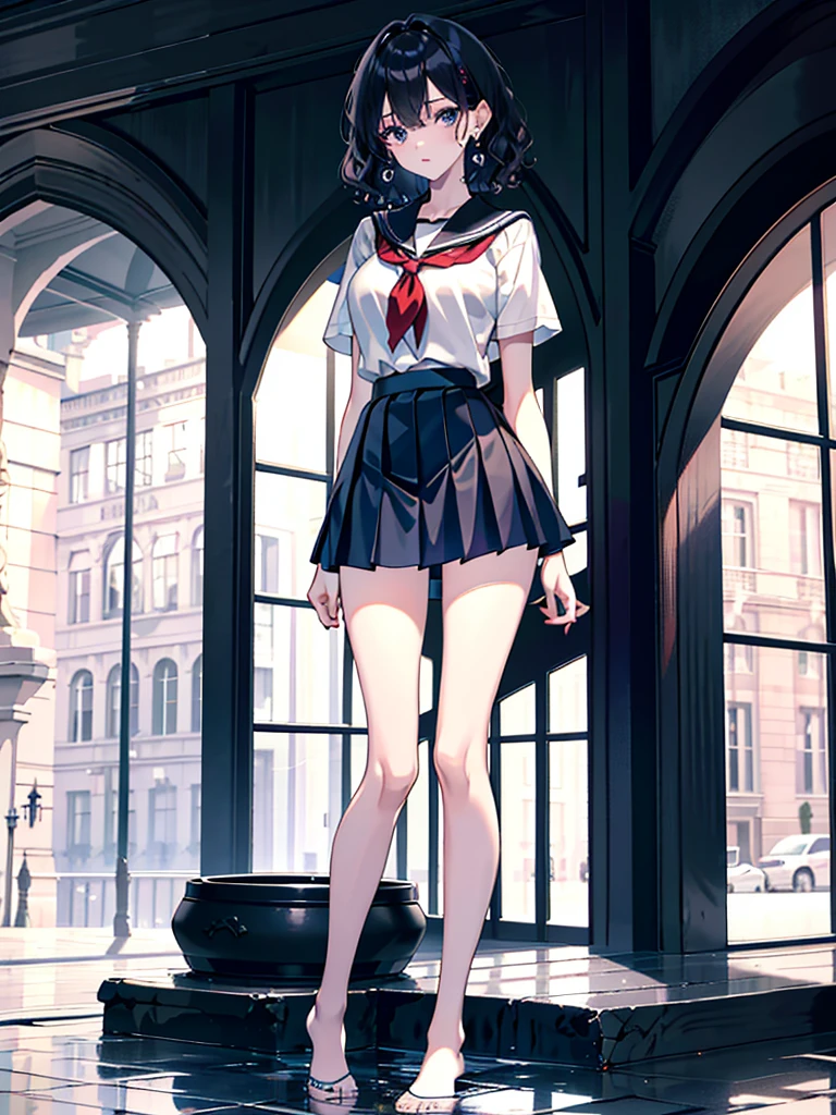 absurdres, RAW photo, extremely delicate and beautiful, masterpiece, Best Quality, ultra high resolution, 32k, hyperrealistic, ultra-detailed, perfect anatomy, anatomically correct, perfect figure, super Detailed skin, 20 years old, very Slim body, narrow waist, very small head, very small face, delicate facial features, detailed face, detailed eyes, tearful mole, earring, thin legs, bare legs, ((very huge round breasts)), short medium hair, ((wavy hair)), wet clothes, ((school uniform)),