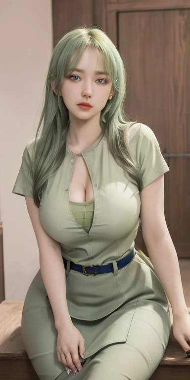 masterpiece, best quality, 1 Girl, Solitary, 23 years old, aldult, （Big Breasts，Cleavage close-up，Wide hips, Curvy beauty,） Aqua eyes, Enchanting,  tune, 167 cm, Pale skin, Expression, Olive green skinny T-shirt, High waist skirt, , Camel toe, From below