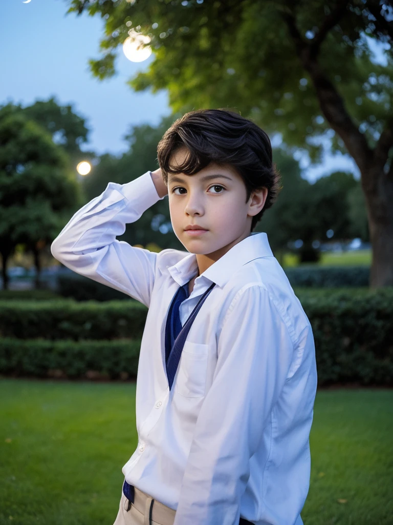 A  boy in the park, 10.year old,o, ojos azules, piel blanca, rasgos finos, rasgos europeos, with the moon behind, cuerpo definido, musculoso, semi desnudo muy tonificado, genitales masculinos perfectos