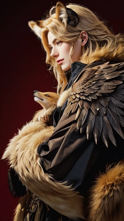 Chimera puppy made of lion mane, turtle shell, eagle wings, wolf ears, otter fur and fox tail 