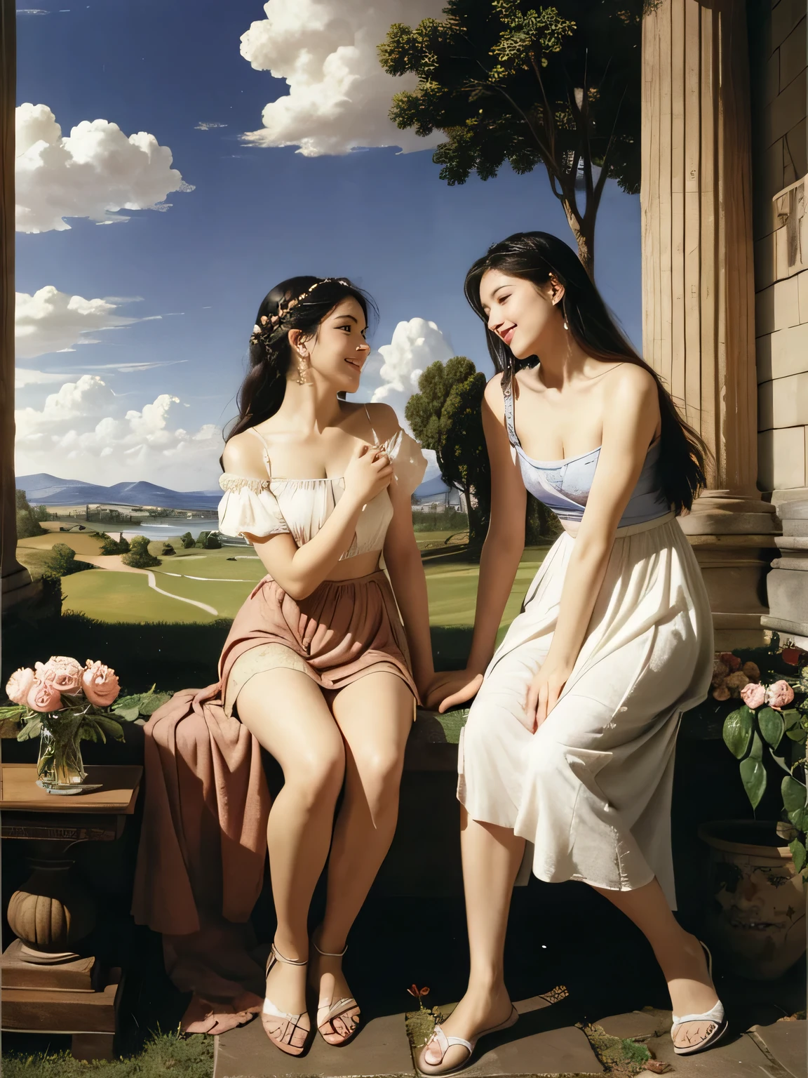 full body portrait or statue、Giorgione painting style,Arguments of two female Philosophe,math、astronomical machine、astronaut、roses in vase、fruits、Cute trinkets、smile、ancient greek costume、Ancient Roman landscape in the style of Nicolas Poussin,laughter,,Sweet and seductive appearance.、Caravaggio's paintings、Chiaroscuro of Caravaggio、hair tousled by the wind,Two women frolicking,cute smile, expression of ecstasy,Sexy,??????