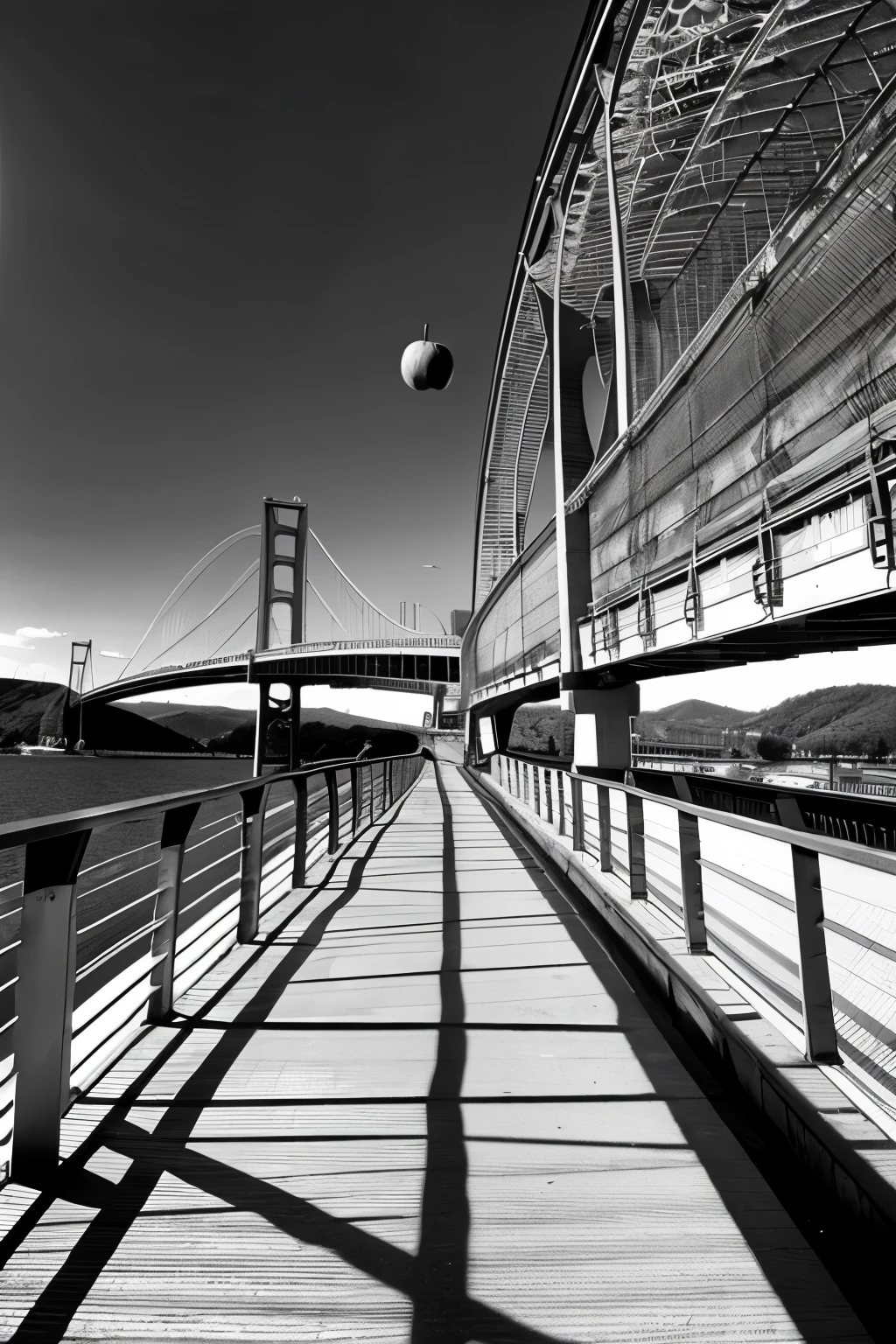 Red apples on the Seto Ohashi Bridge、The Great Seto Bridge is in monochrome