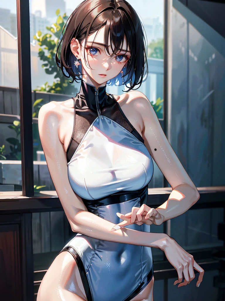 absurdres, RAW photo, extremely delicate and beautiful, masterpiece, Best Quality, ultra high resolution, 32k, hyperrealistic, ultra-detailed, perfect anatomy, anatomically correct, perfect figure, super Detailed skin, 20 years old, very Slim body, narrow waist, very small head, very small face, delicate facial features, detailed face, detailed eyes, tearful mole, earring, thin legs, bare legs, very huge round breasts, short medium hair, wavy hair, wet clothes, ,