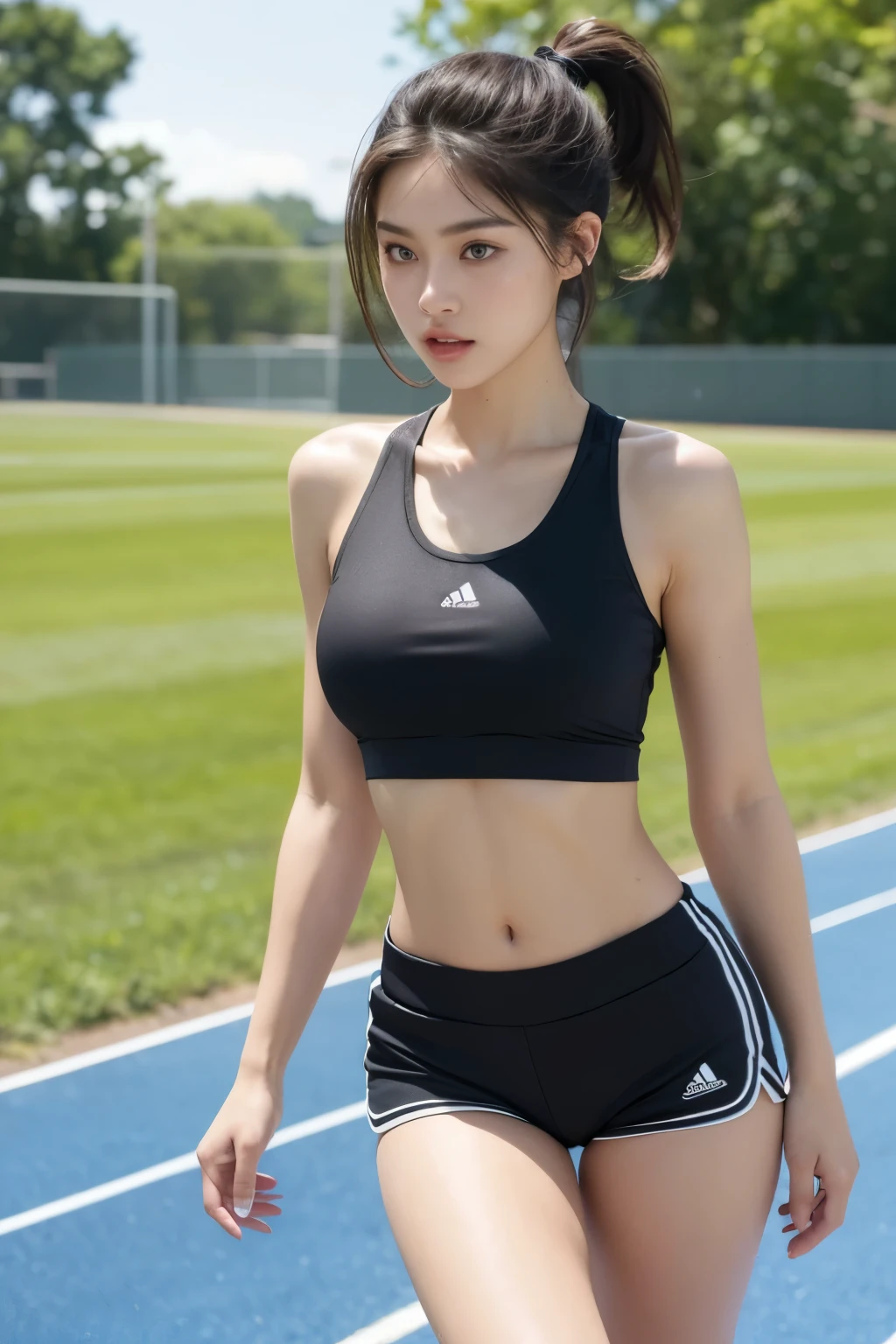 (best quality,4k,uhd,ultra realistic,superb details,high resolution:1.2),18-year-old athletic school girl with a toned and fit body, beautiful face with detailed eyes and lips, wearing a skin-tight tank top that exposes her navel, long ponytail flowing behind her, toned arms and legs, firm and shapely buttocks, wearing sporty shorts that accentuate her long leg proportions, running track as background, lifting leg exercise, (proper track shoe), full body