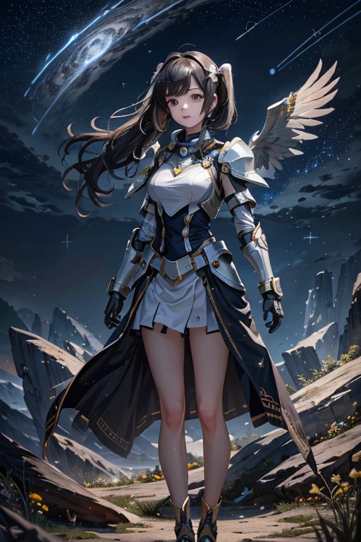 place in the vast expanse of SPACE, with a backdrop of swirling galaxies and stars that illuminate the darkness. The girl sits atop a mighty eagle, its feathers ruffling in the wind, as she gazes out into the infinite expanse before her. The intricate details of her armor shine brightly, reflecting the light of the stars and the fire of nearby planets. With one hand she holds a paper cutter, poised and ready to create something new amidst the vast emptiness. The wind plays with her pretty pigtails, adding a hint of movement to the otherwise still scene. The scene is brought to life through stunningly realistic CGI illustration, rendered with Octane