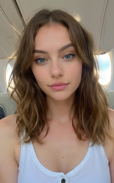 Jolie belle blonde (EN AVION), Very detailed, 14 ans, visage innocent, naturally wavy hair, yeux bleus, High resolution, chef-d'artwork, Meilleur Qulaity, intricate details, Very detailed, mise au point nette, detailed skin, texture de peau réaliste, texture, Detailed eyes, professionnel, 4k, sourire charmant, prise avec Canon, 85 millimeters, Slight depth of field, Kodak Vision Couleur, corps parfaitement ajusté, extremely detailed, photographier_\(ultra\), photographrealistic, Realistic, Post-traitement, maximum details, roughness, vrai vie, Ultrarealistic, photorealism, photographie, 8k euh, photographie
