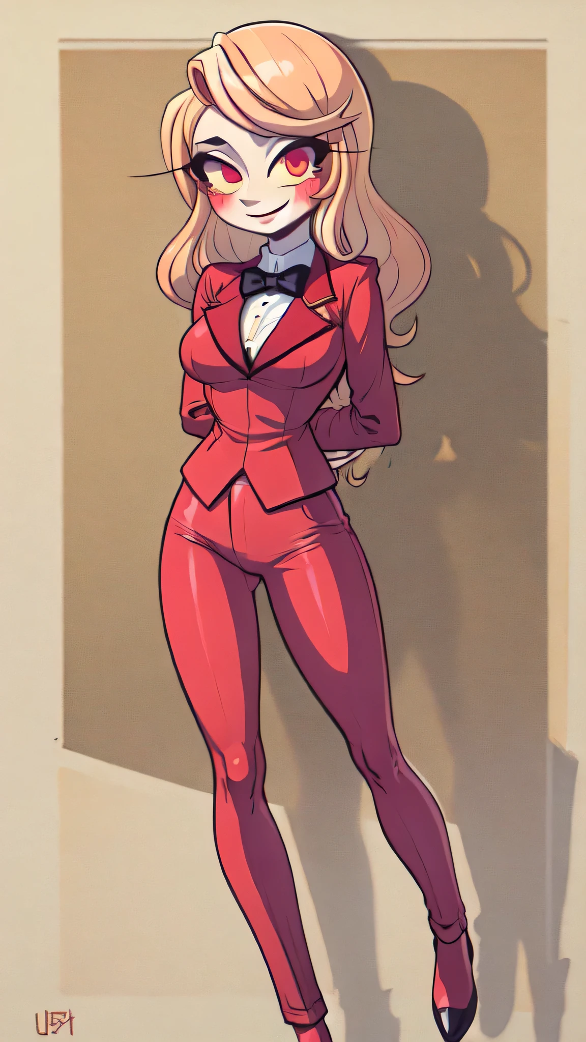 (masterpiece, best quality:1.2), solo, 1girl, charlie morningstar, colored skin, smile, looking at viewer, arms behind back, colored sclera, red jacket, bowtie, red pants