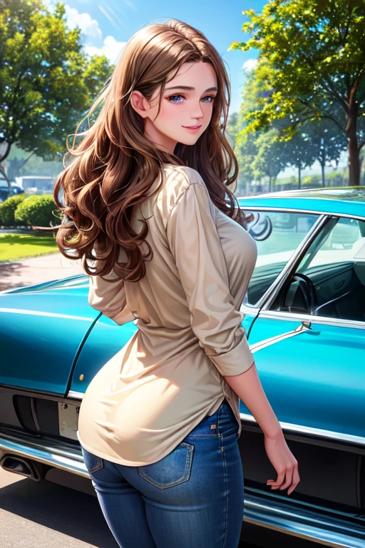 Masterpiece, superior quality, meticulously detailed,
Portrait of an 18-year-old woman with sun-kissed light brown hair,
Green curly eyes twinkling with mirth,
Wearing a beige blouse and blue jeans, a winning smile gracing her lips,
Leaning against a towering tree on a sunny day,
Reading an aged, brown book with furrowed brows in concentration,
A realistic car parked nearby, its shiny exterior reflecting the sun's rays,
Her firm backside subtly accentuated by the fitted blue shorts,
Every detail meticulously rendered with utmost care,
Her eyes sparkling with intelligence