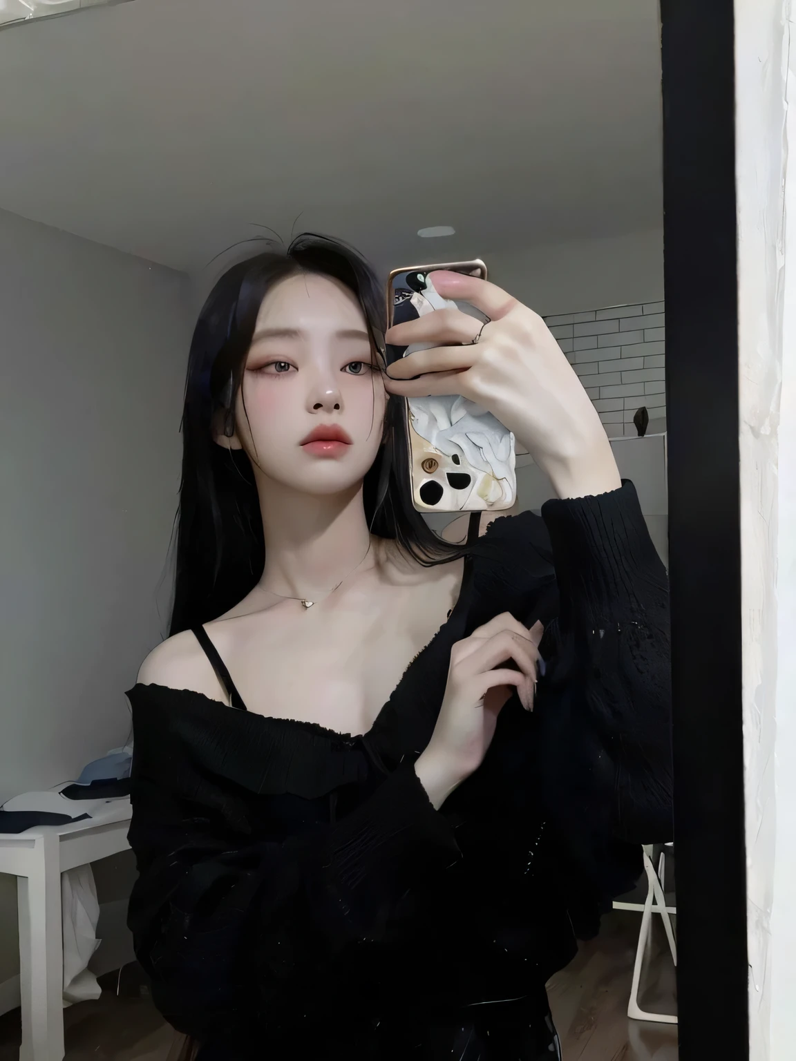 there is a woman taking a photo in a mirror, ulzzang, cruel korean gothic girl, con negro, 🤤 girl portrait, coreana, con cabello largo, foto autofoto 8k, jaeyeon nam, selfie de una mujer joven, heonhwa choe, 18 years, aesthetic portrait, foto de magra, kim taejin