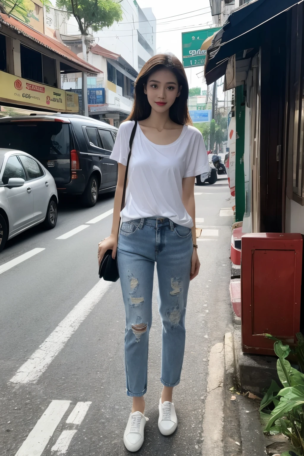 excellent quality, masterpiece,The streets of Bangkok,Street Photography,full-body shot,Wearing white T-shirt and jeans,A pair of white canvas shoes,Exquisite watch,Showing collarbone,