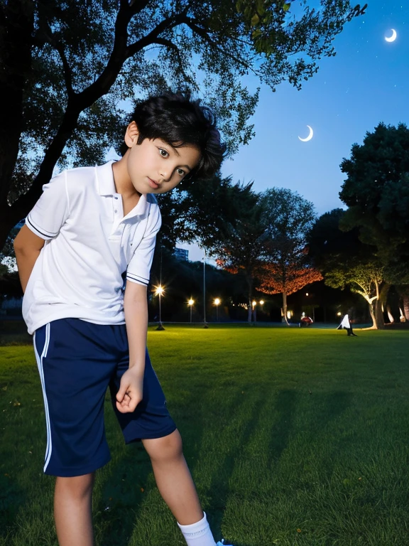 A boy in the park, 10.year old,o, ojos azules, piel blanca, rasgos finos, rasgos europeos, with the moon behind, cuerpo definido, musculoso, semi desnudo muy tonificado,