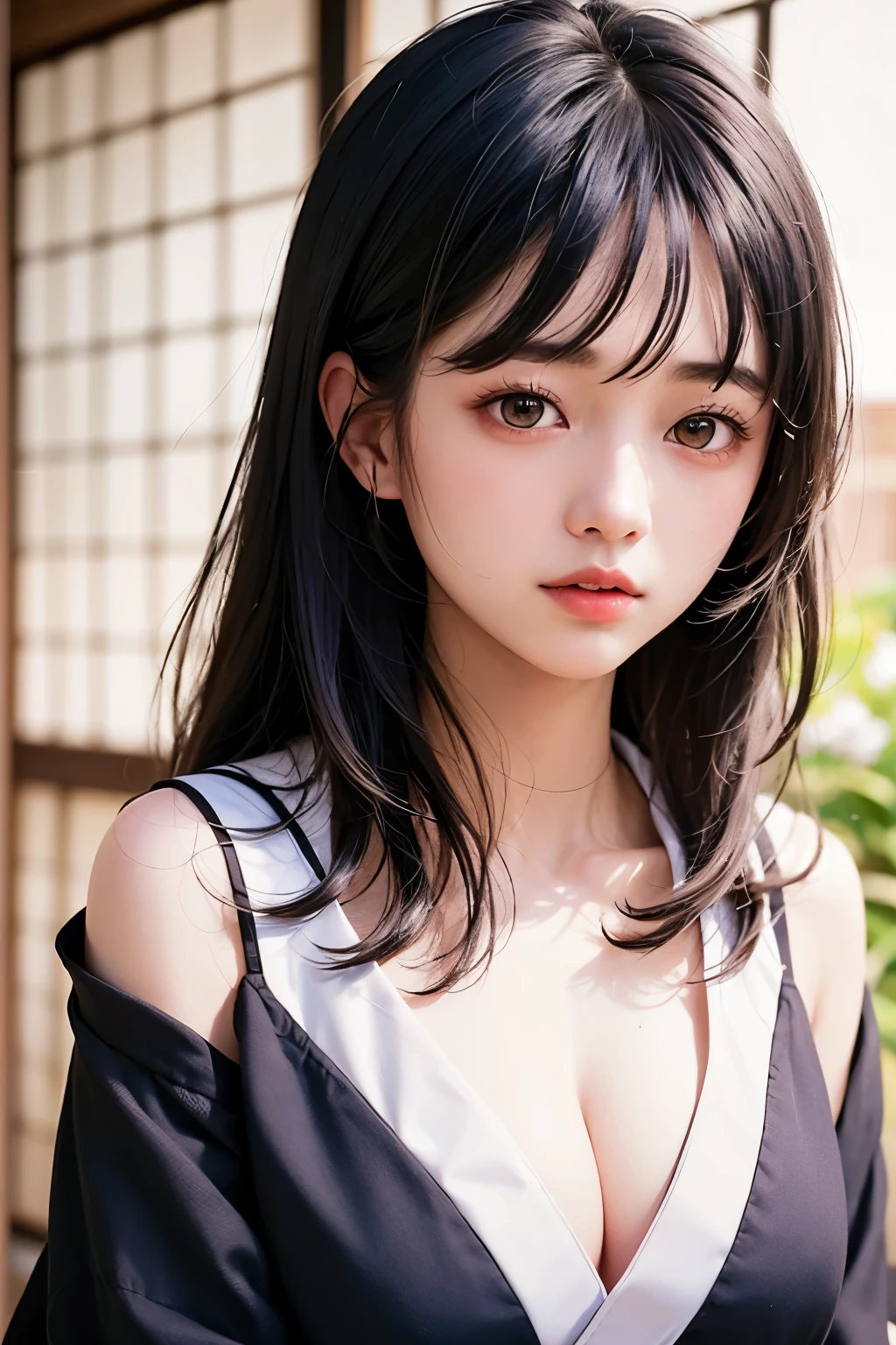 (1 nogizaka girl,raw photo,photo realistic:1.5),(best quality, high quality,HDR, highest quality,ultra high resolution,high resolution,high res,ultra high difinition,huge file size,8K,2K wallpaper,8K wallpaper,high quality texture,amazing,an extremely delicate:1.4),one girl, Japanese famous idol,beautiful face,small face,absurd,ridiculous,incredibly ridiculous,portrait,breasts close up,blurry background,(kimono,cleavage,no makeup:1.2),medium skin,beautiful skin,detailed skin,small head,black hair,silky hair,(Japanese eyes,almond eyes:1.5),detailed eyes,black eyes,Japanese idol eyes,Japanese nose,5-fingers,(eyebrow:-0.5),(Light Particles, Lens Flare, Luminous Particles: 0.7),looking at viewer,bright lighting,professional lighting,girl
