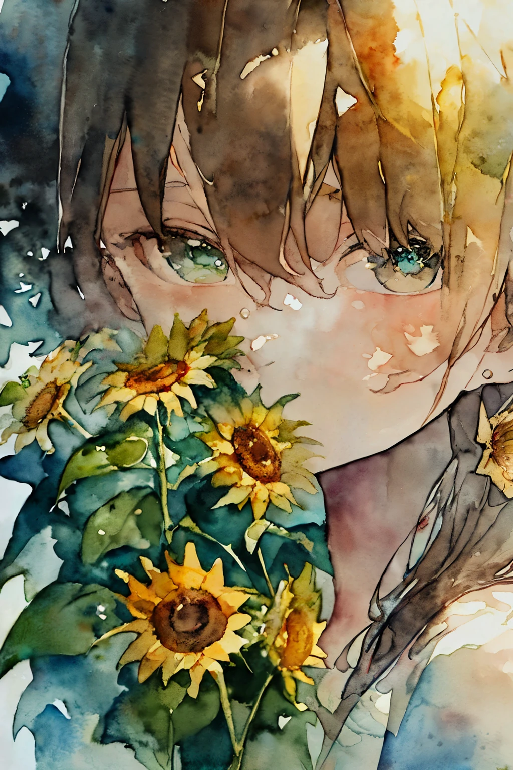 (watercolor:1.2),1 girl, Solitary, flower, sunflower,freckle, portrait, leaf, Bangs, sign, yellow flower, Brown hair, Long hair, Green Eyes, Hair between the eyes, flower earrings
