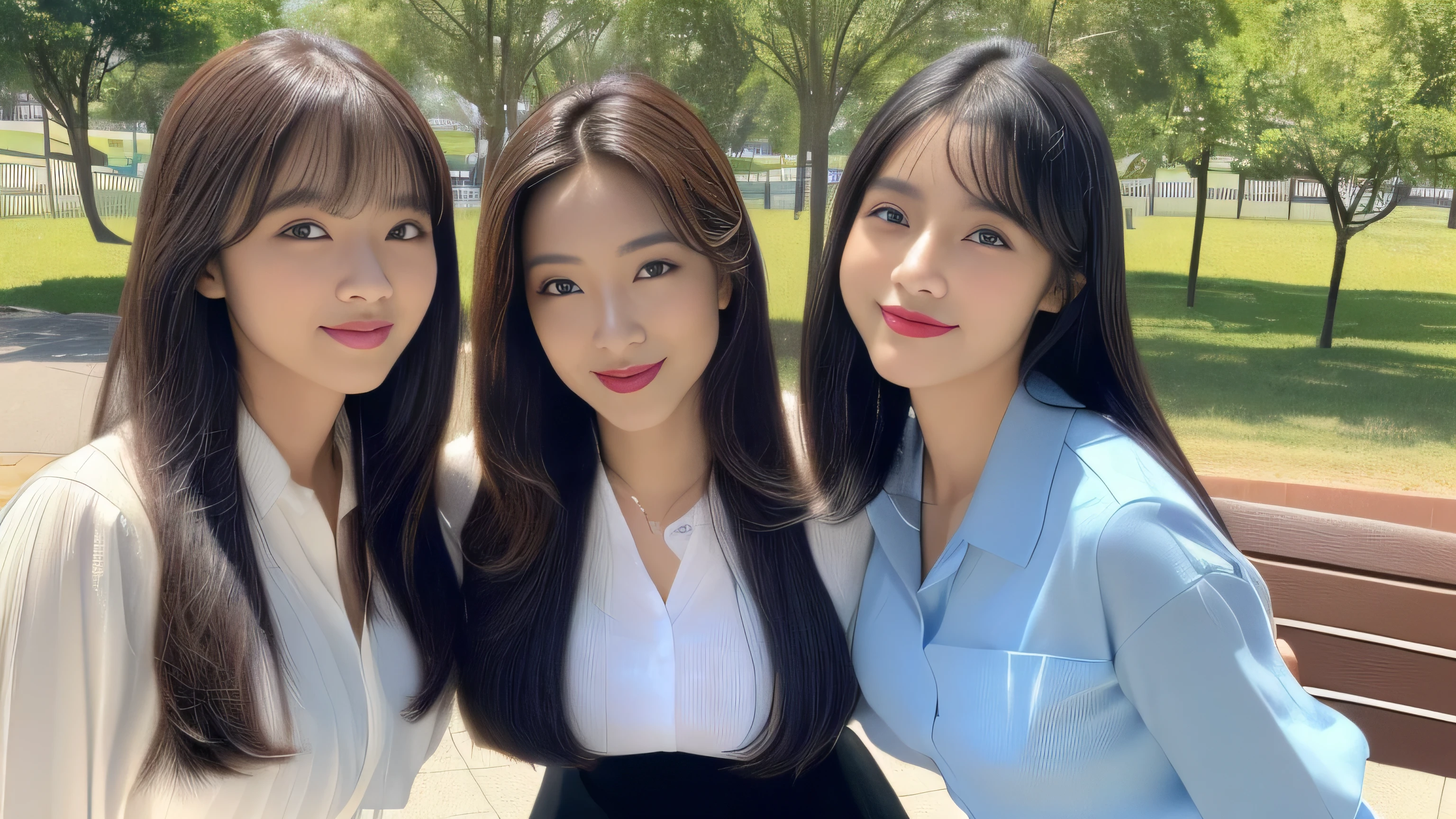 (((Front view of three close sisters posing together sitting on a park bench:1.3)))　highest quality, masterpiece, Familiar　Get used to it　Perfect Face　((The eldest daughter, 24 years old, is in the center.、Professionally applied sexy make-up　Lipstick is red:1.1. The eyeliner is a beautiful black　Bangs are the perfect hime cut　Her highest quality and most detailed hair is jet black, very long, Straight hair that almost reaches the ground:1.3.　I narrowed my eyes.、The face is thin、Dignified features　expensive、Have a typical Japanese body type　Excessive breasts:1.4　Japanese skin tone and ultra-precise skin　Her smile is sexy　Very beautiful teeth　She is wearing a long black pleated skirt and a white blouse:1.Wear 1　Look straight ahead and at the viewer　highest quality　masterpiece　Get used to it　Rich 1.4　Extremely detailed 8K　Ultra-fine skin texture 1.4　Actual, Vibrant:1.4,　double eyelid　Sharp focus:1.2、Beautiful woman:1.4))　((The 21-year-old second daughter on the left is cute.., Professional makeup.　Uneven bangs and princess cut　Her highest quality and most detailed hair is light brown.、Long enough to reach the ground、Eternal wavy hair　Large Breasts:1.4　Average height and typical Japanese buildよりややスリム　Ultra-precise reproduction of Japanese skin and skin tones　When I met my third daughter、I laughed out loud...　Wearing blue jean hot pants and a blue collared shirt　Your teeth are so beautiful　highest quality　masterpiece　Get used to it　Rich 1.4　Extremely detailed 8K　Ultra-fine skin texture 1.4　Actual, Vibrant:1.4　 double eyelid　Sharp focus:1.2、Beautiful woman:1.4))　((The 18-year-old third daughter on the right has perfect baby face makeup.....　Her bangs are perfectly aligned、Hanging straight down.　Her highest quality and most detailed hair is lovely, perfectly straight, and incredibly long, straight blonde hair that reaches the ground and goes on forever.:1.4.　Large Breasts:1.4　Average height and typical Japanese build　Japanese skin tone and ultra-precise skin　She was shocked by her second daughter...、I was surprised to see my second daughter...。.:1.Formula 1　she is wearing a white dress　Your teeth are so beautiful　highest quality　masterpiece　Get used to it　Rich 1.4　Extremely detailed 8K　Ultra-fine skin texture 1.4　Actual, Vibrant:1.4　 double eyelid　Sharp focus:1.2、Beautiful woman:1.4))　This is a park bench　RAW photos taken by professional photographers using SLR cameras