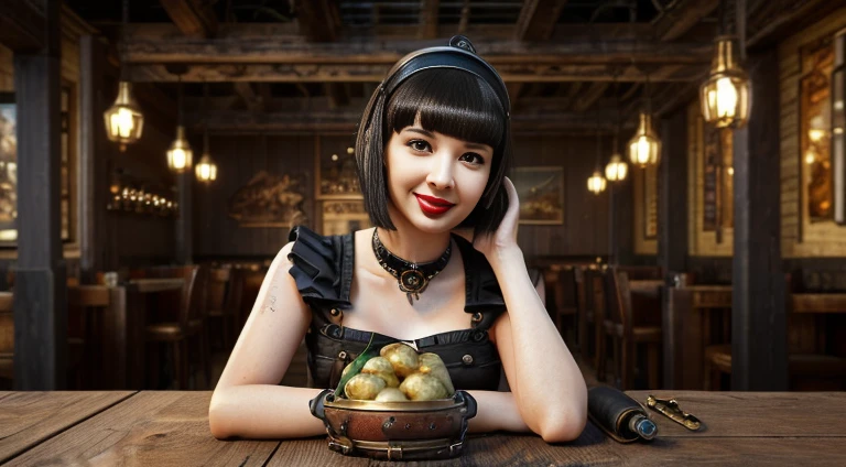 smiling at viewer, sphere hunter, 1 girl, lips, short black hair, blunt bangs, brown eyes, red lips, dress, gold jewelry, holster straps, realistic, picturesque, ((gentrified and potatoes)), (( steampunk restaurant), on a wooden table, artwork, 8k, 1.3 quality background, ultra realistic