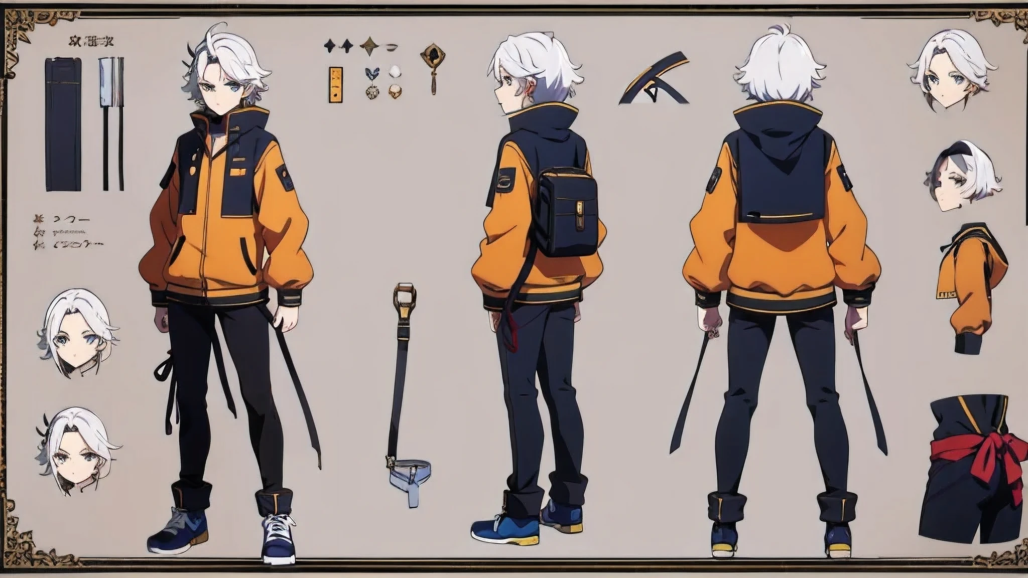 Character Sheet, full-body, MALE, straight white hair, anime, anime style, blue eyes, orange jacket, 4k, high quality