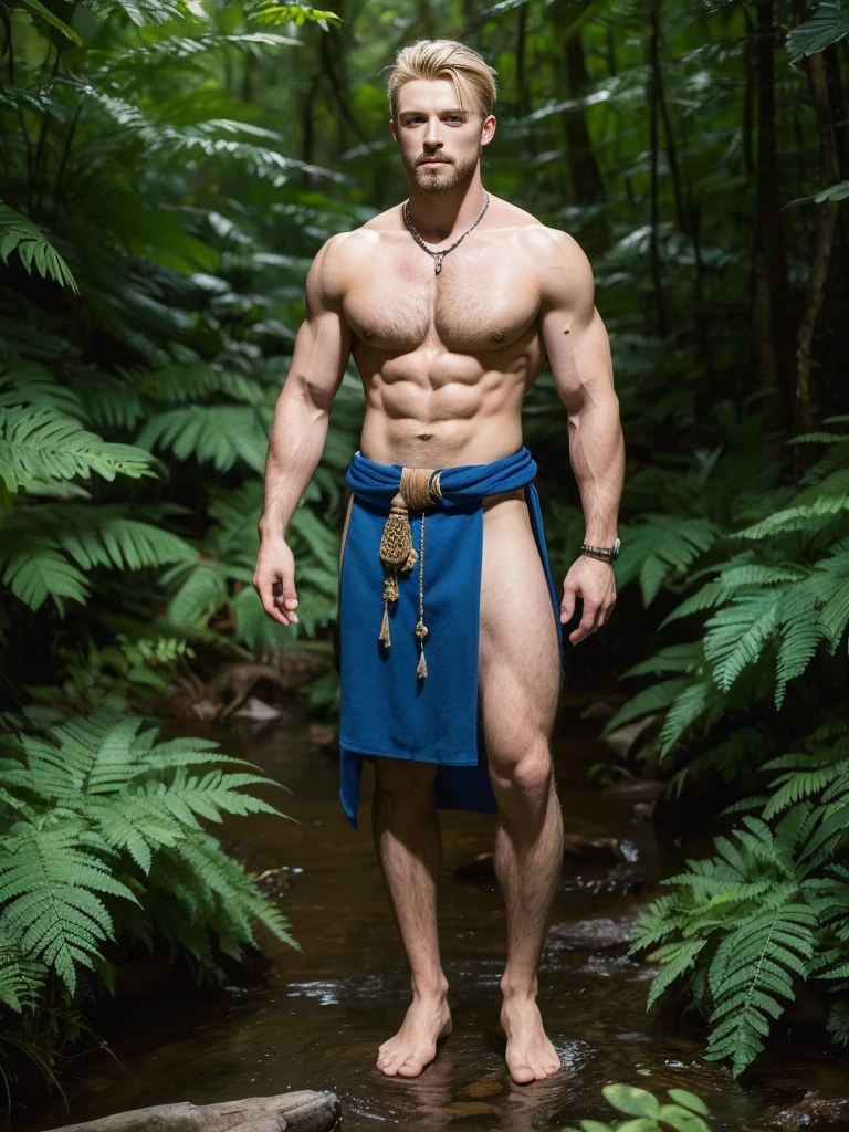 (best quality), masterpiece, ultra-detailed, guy,goatee facial hair, muscular physique,full body portrait,blonde hair,intense blue eyes,stream,forest,hairly chest,loincloth 
