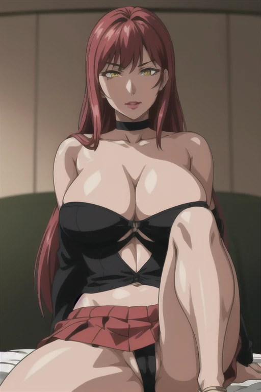 masterpiece, best quality, highres, 2 girls, hirokotakashiro,  micro ruffle skirt, black off shoulder crop top , bedroom, full body shot, (smug:0.3), looking at viewer, focus solo, sexy pose, crossing legs, mature, flip flops, detailed feet, busty, cleavage, redhead, seductive, dangling shoes, red eyeshadow, glossy lips, black choker, long hair, sitting on bed, complete body, seducing, yellow eyes, seducing each other,  