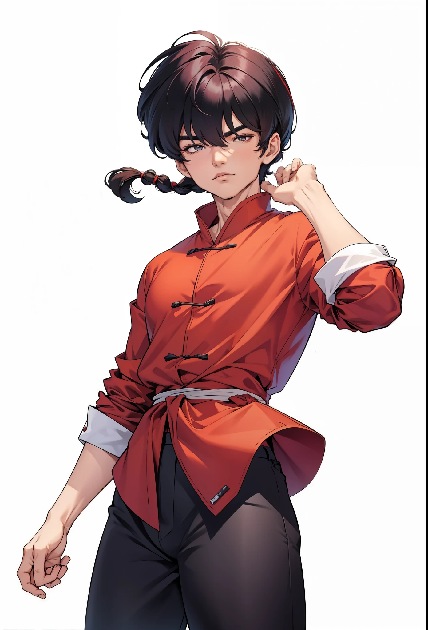1 Homen, Ranma 1/2 extremamente realista, muito lindo, cabelos pretos, camisa vermelha, black pants
