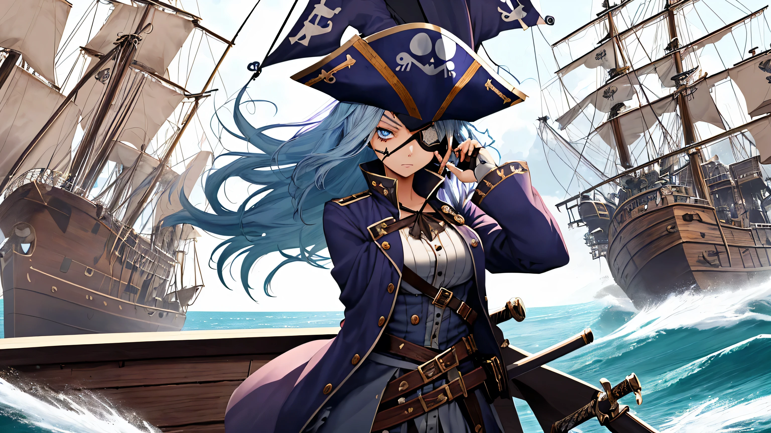 Anime girl, Blue Hair, Blue Eyes, Violet Pupil, Lighting Shape Pupil, Eyepatch, Pirate Outfit, Pirate Hat, Hold up Bone Sword, Standing On Pirate Ship, Day, Sea, Facing Away, Spirit Face, Realistic Light, Best Quality, 8K