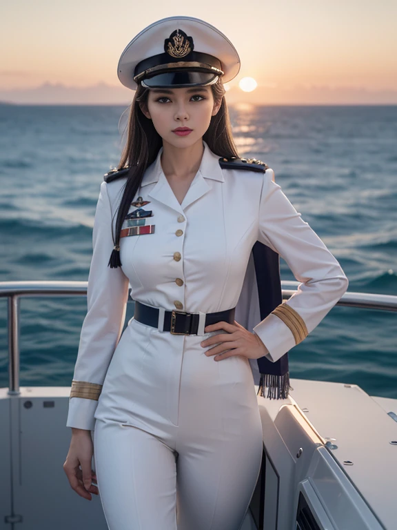(8K, Photorealistic, Raw photography, best quality; 1.4), (1 mature woman), Super beautiful (Lifelike face) Woman in white uniform posing on a warship, medium breasts, Woman in military uniform, military uniform pants, Beautiful expression, real visible skin, 超High resolution, Precision Detail, Battleship Deck, Sunset,1girl