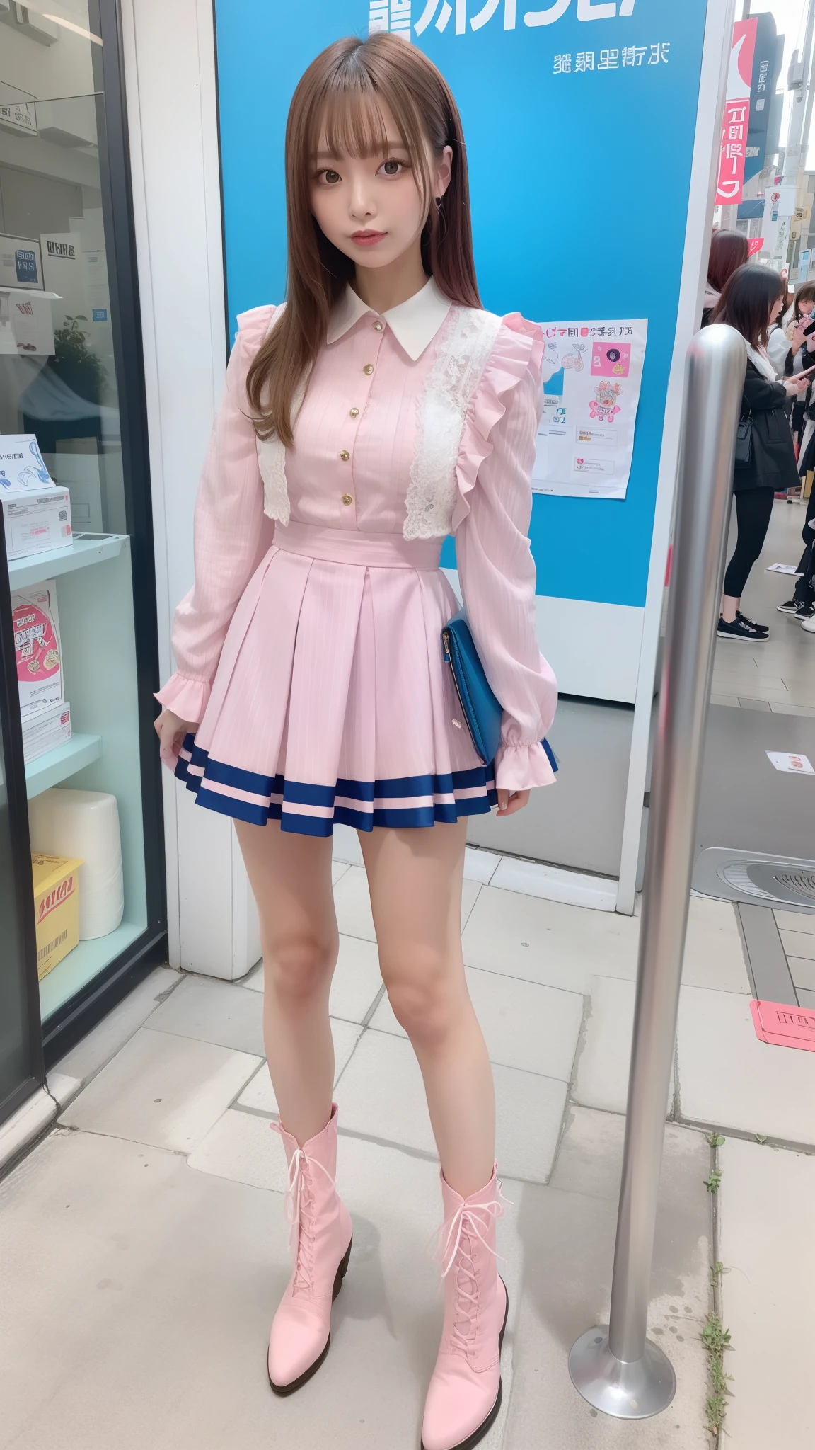 Costume like a idol, blue and white half sleeve Jacket, pink satin ruffled blouse, White and pink stripe pleated skirt, white lace up boots