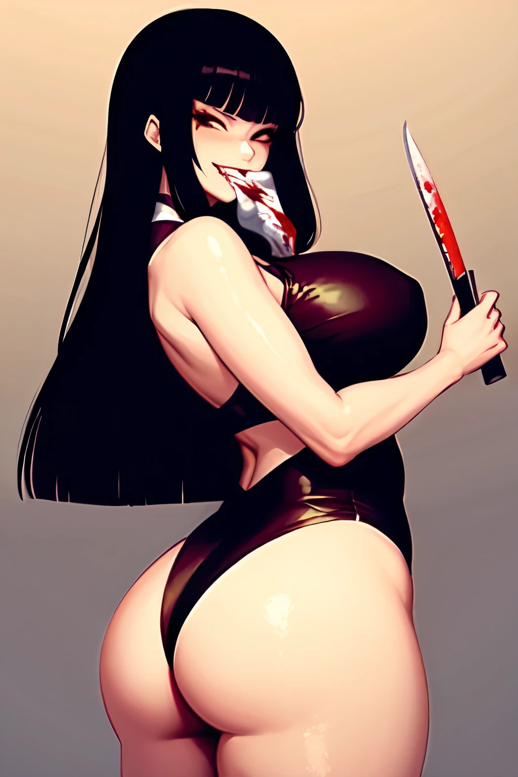 ((best quality)), ((masterpiece)), (detailed), perfect pretty face, face covered in blood, woman holding a knife , evil smirk face with bangs and long hair, black eyes anime, black hair, curvy butt