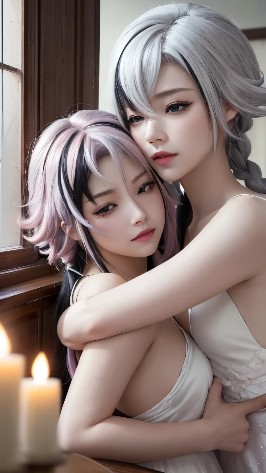(Best quality,4k,high resolution,masterpiece:1.2),Ultra Detailed,lifelike:1.37,Romantic composition,Vibrant colors,Soft lighting,Dreamy atmosphere,Intimate moments,Pink transparent dress,White hair,Black Hair,Colorful Hair,short hair,Straight Hair,Long braids,Glowing red eyes,Red X pupil,Close your eyes,Gentle touch,Gentle and soft-spoken,Exquisite facial features,Comfortable beds,Warm environment,Flickering candlelight,Subtle light and shadow,Peaceful atmosphere,Warm hug,Capturing the essence,Ethereal beauty,Emotional connection,In the dream world,evoke,Stunning scenery